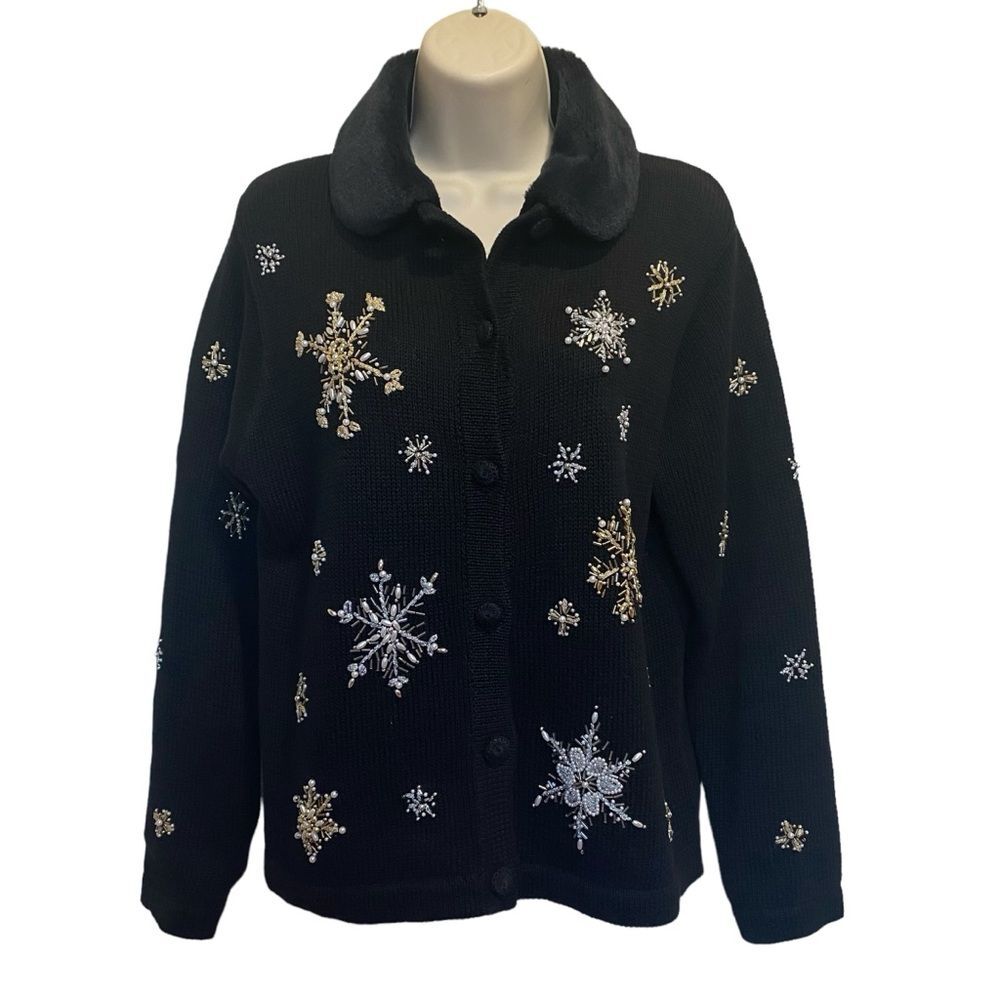 Victoria Jones Petite Heavily Beaded Knit Cardigan Removable Faux Fur Collar PM